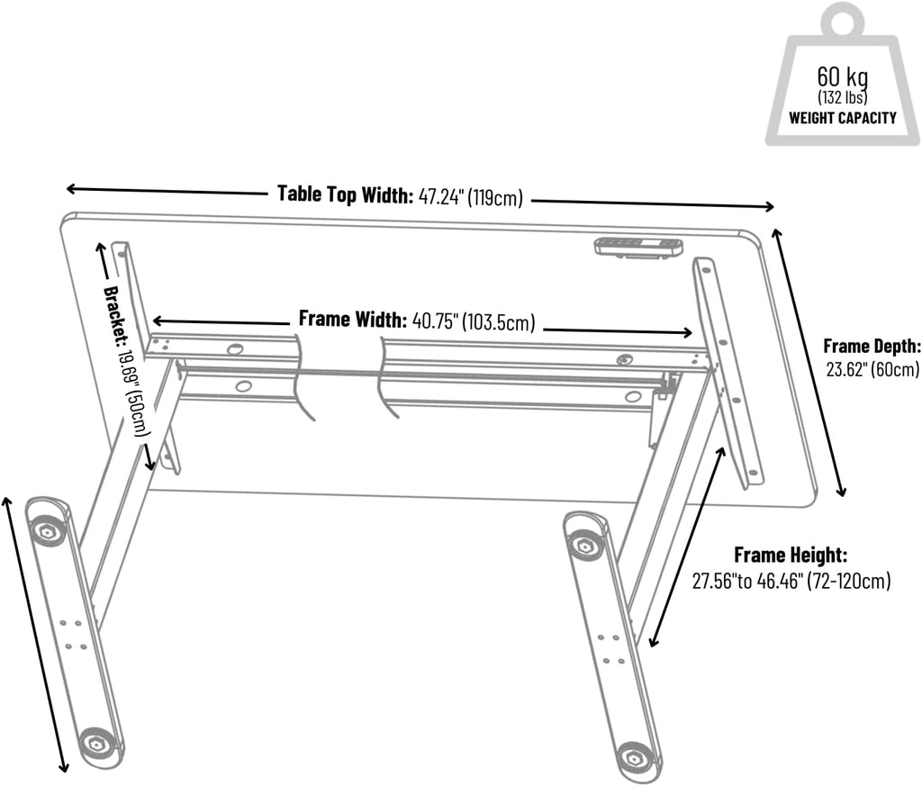Sit to Stand Electric Standing Desk Complete Set with Frame and Tabletop 120 x 60 cm or 47.2 x 23.6 Inches (Black)