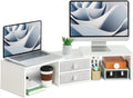 TEAMIX Dual Monitor Stand Riser with 2 Drawers - Length and Angle Adjustable White Monitor Stand with Storage Large Computer Riser for 2 Monitors/Laptop/PC, Wood Screen/TV Stand Desk Organizer