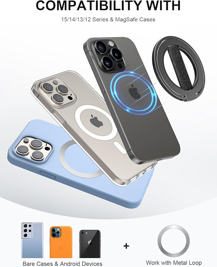 EWA MagOne Ultra Phone Grip Stand with Replaceable Elastic Finger Loop, Removable Magnetic Ring Holder Kickstand Loop, Double-Sided Magnetic Accessories for iPhone 16, 15, 14, 13 Pro/Max/Plus-Black