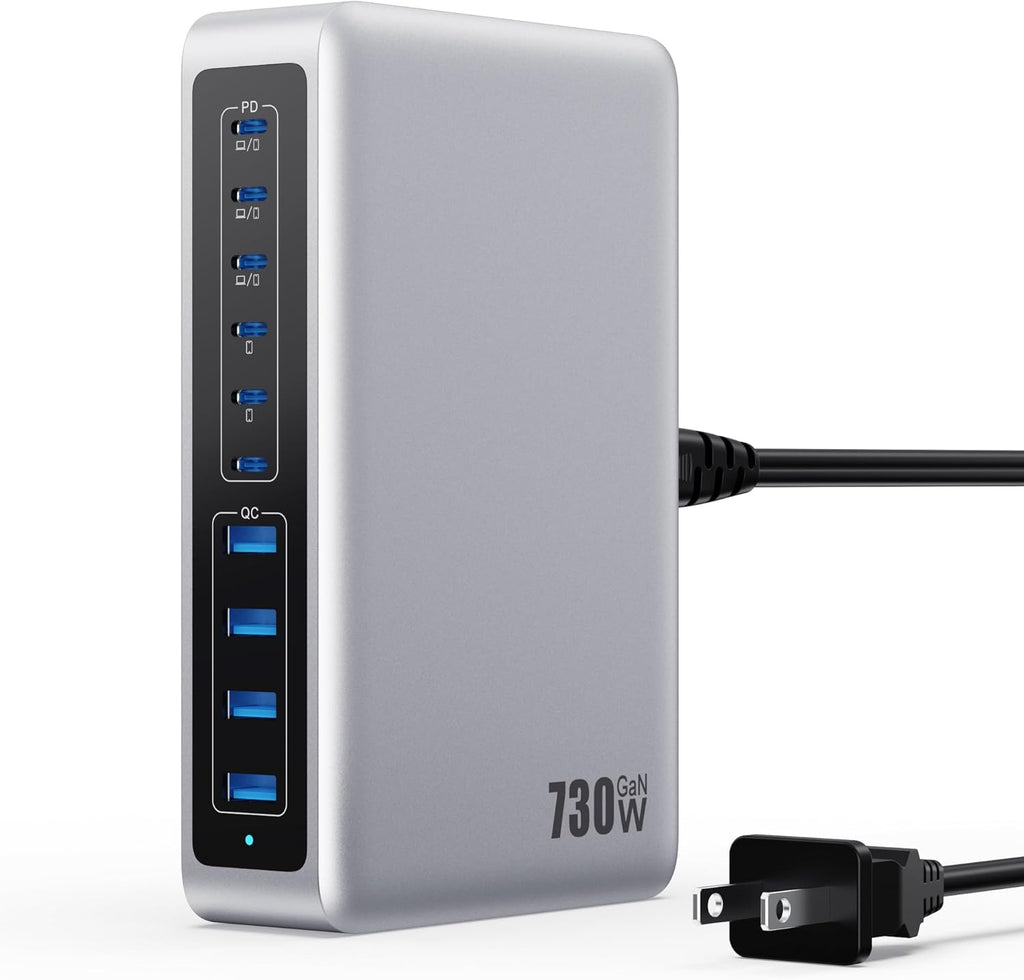 730W USB C Charger Block,10-Ports GaN V Fast Charging Station Hub,QC4.0+3 PD 100W Laptop Charger Wall Power Adapter for MacBook Pro/Air,DELL,iPhone 16/15/14/13,iPad,Galaxy S25,Pixel,Steam Desk-Silver