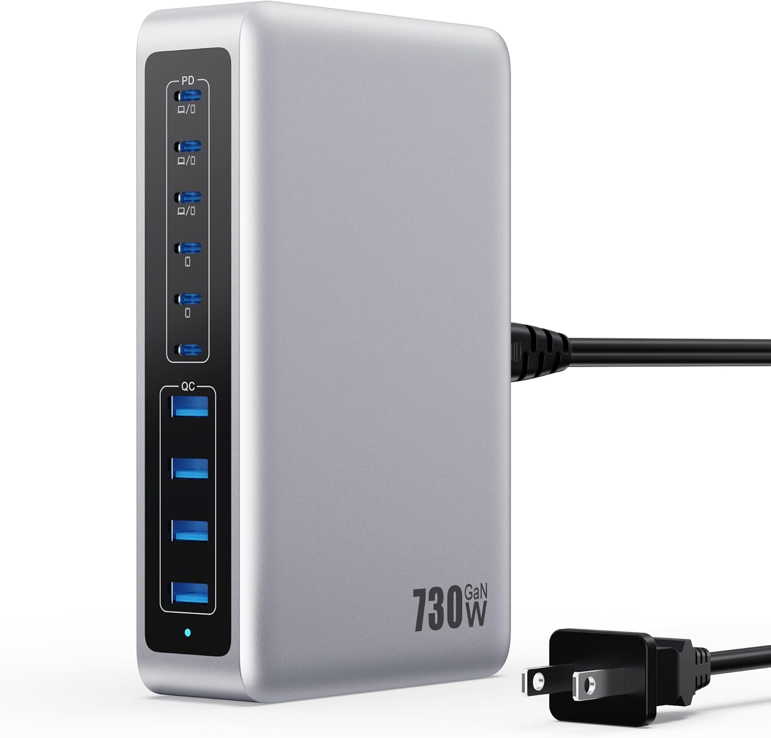 730W USB C Charger Block,10-Ports GaN V Fast Charging Station Hub,QC4.0+3 PD 100W Laptop Charger Wall Power Adapter for MacBook Pro/Air,DELL,iPhone 16/15/14/13,iPad,Galaxy S25,Pixel,Steam Desk-Silver