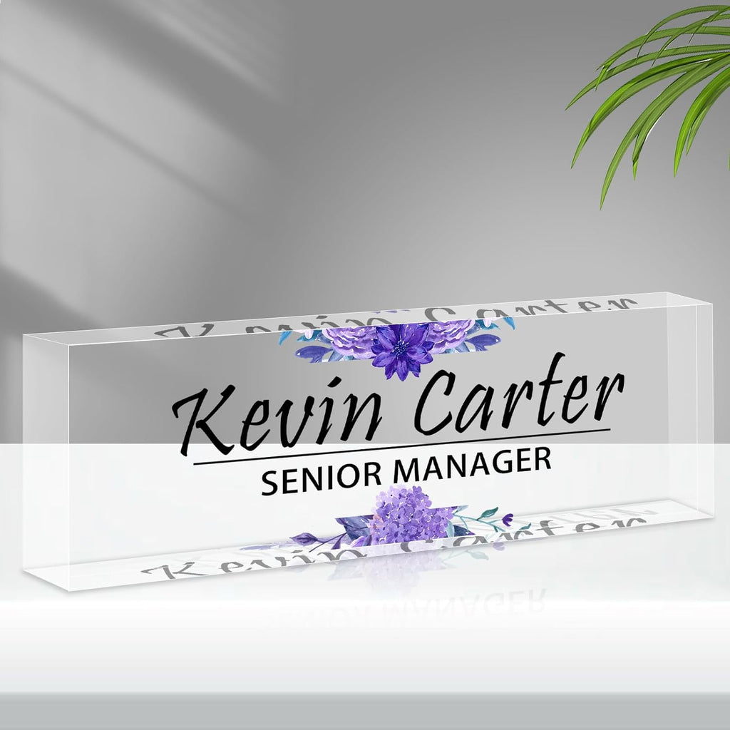 Name Plate for Desk Personalized, Acrylic Desk Decorations, Employee Appreciation Gifts, Custom Office Gifts for Coworkers, Boss, Teacher, Nurse (Purple Flowers)