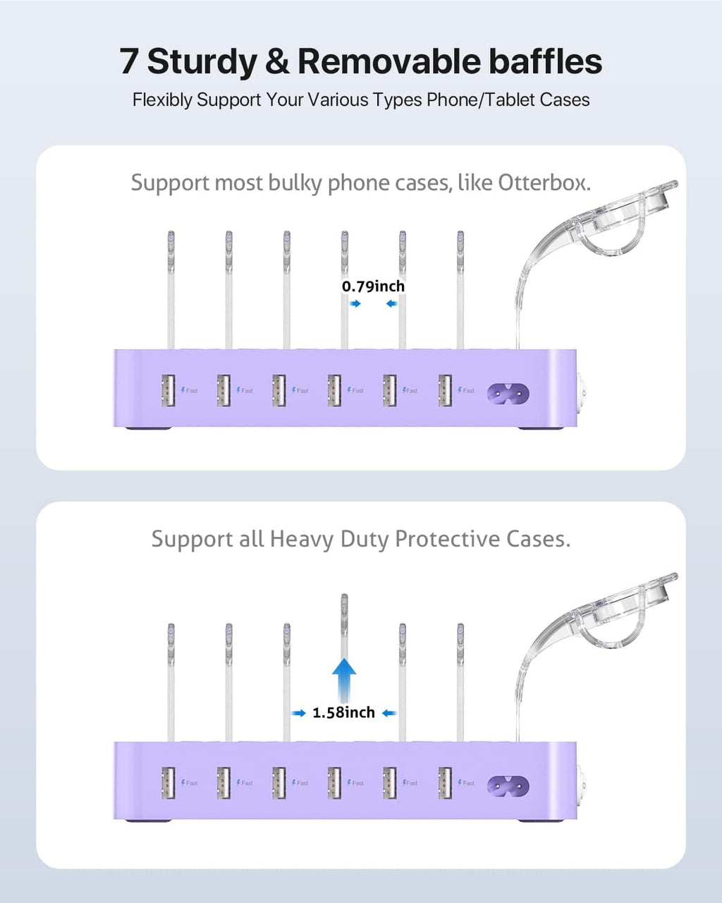 SooPii Premium 6-Port USB Charging Station Organizer for Multiple Devices, 6 Short Charging Cables and One Upgraded i-Watch Charger Holder Included, for Phones,Tablets and Other Electronics, Purple