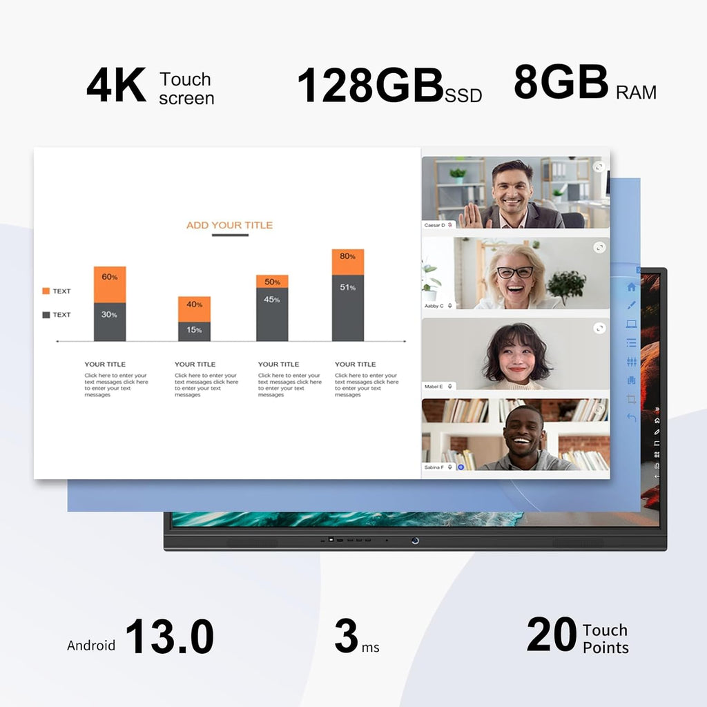 TIBURN R2 75" 4K UHD Smart Board | Smart Digital Whiteboard | All-in-One Touch Screen Computer with Open App Ecosystem, Includes Movable Stand+Wall Mount, Ideal for Office, Classroom, and Conference