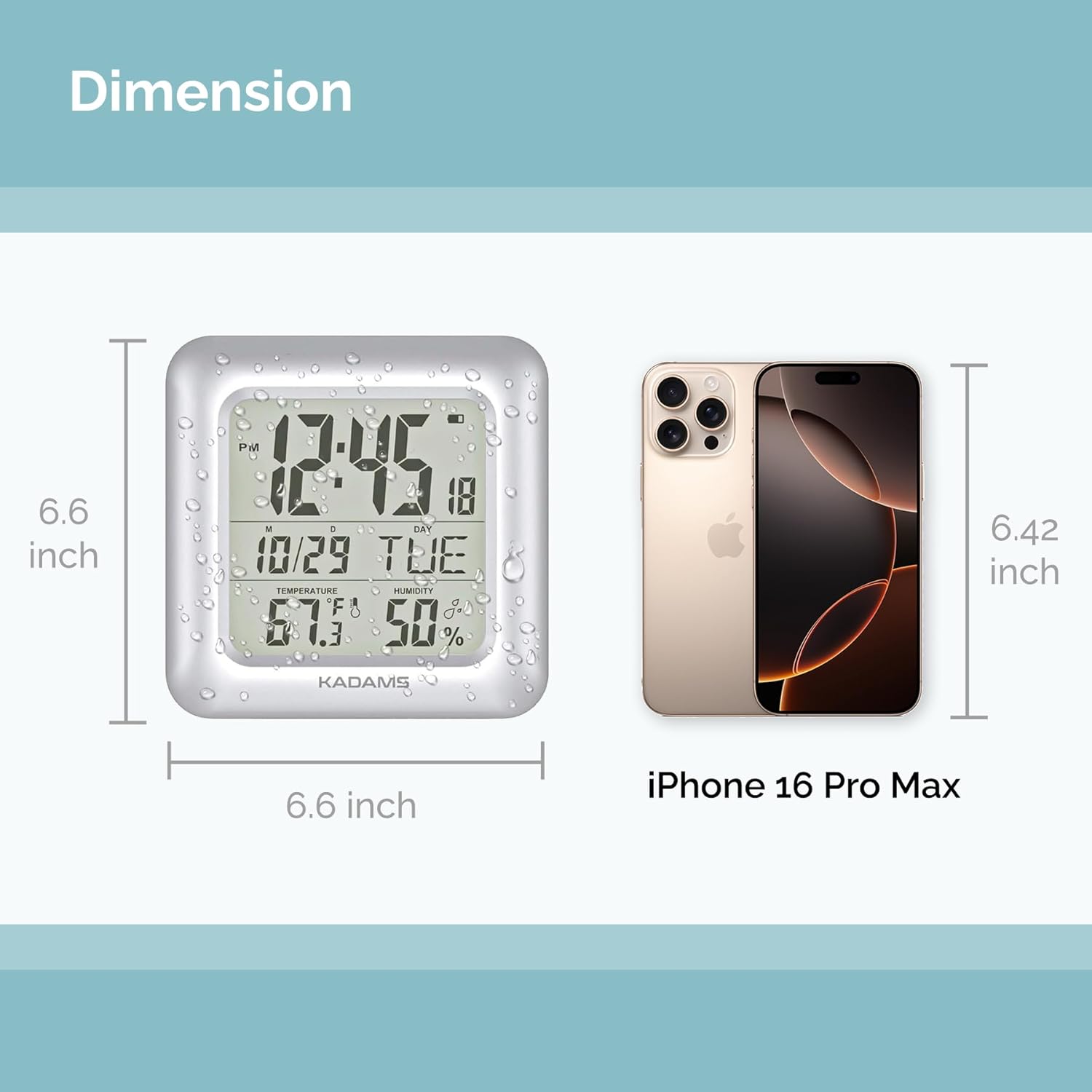 KADAMS Bathroom Clock 9.5" Kitchen Wall Clock with Large LCD Screen – Shower Clock with Suction Cup,Temperature, Humidity, Calendar – Water-Resistant, 4 Mounting Options, Silver