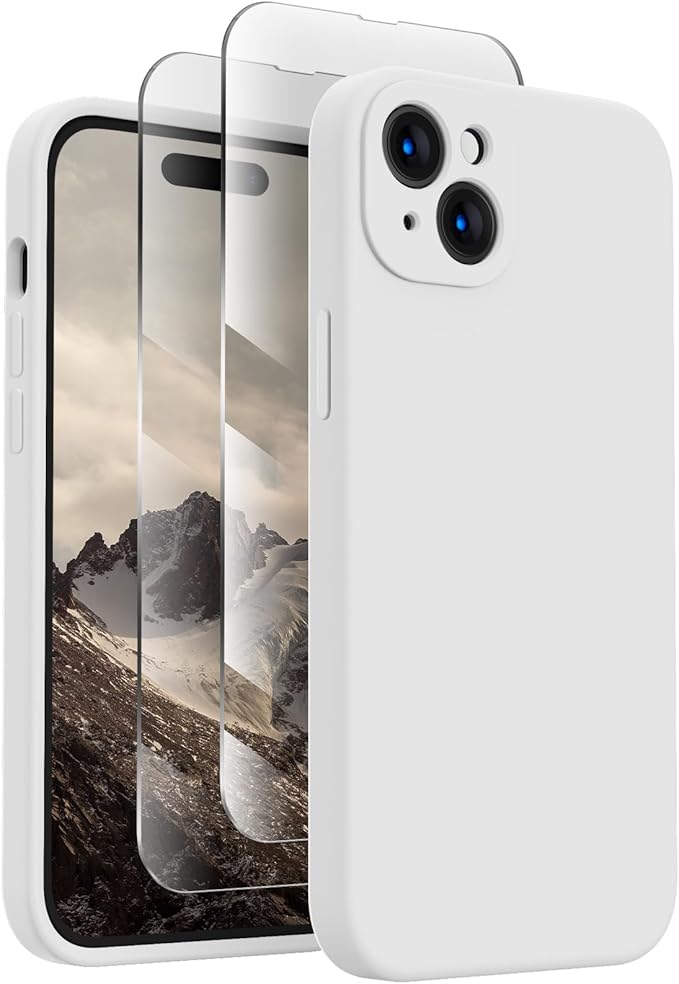 FireNova Designed for iPhone 15 Plus Case, Silicone [Camera Protection] Case with [2 Screen Protectors], Soft Anti-Scratch Microfiber Lining Inside, 6.7 inch, White