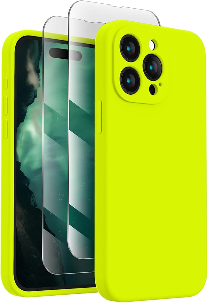 FireNova Designed for iPhone 15 Pro Max Case, Silicone Upgraded [Camera Protection] Phone Case with [2 Screen Protectors], Soft Anti-Scratch Microfiber Lining Inside, 6.7 inch, Fluorescent Green