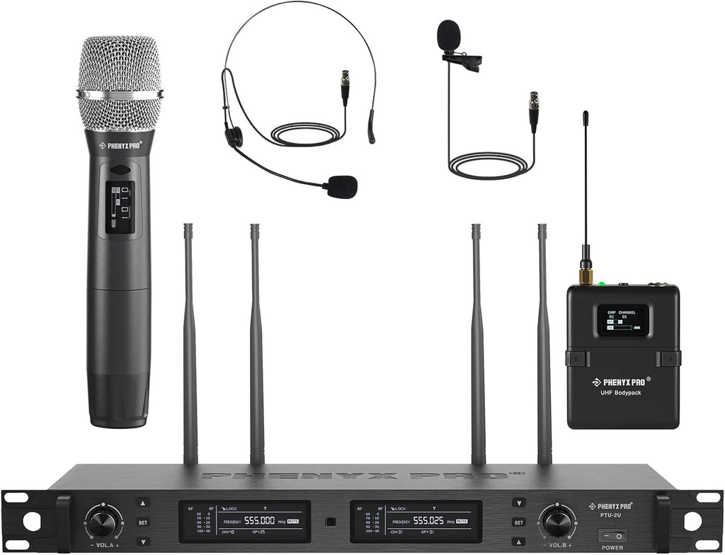 Phenyx Pro Wireless Microphone System, True Diversity Dual Cordless Microphone Set w/UHF Handheld/Bodypack/Headset/Lapel Mics, Auto Scan, 2x1000 Channels for Stage & Studio (PTU-2U-1H1B)