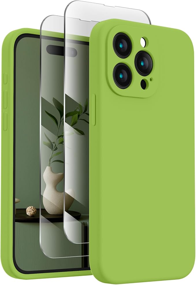 FireNova Designed for iPhone 15 Pro Case, Silicone Upgraded [Camera Protection] Phone Case with [2 Screen Protectors], Soft Anti-Scratch Microfiber Lining Inside, 6.1 inch, Sprout Green