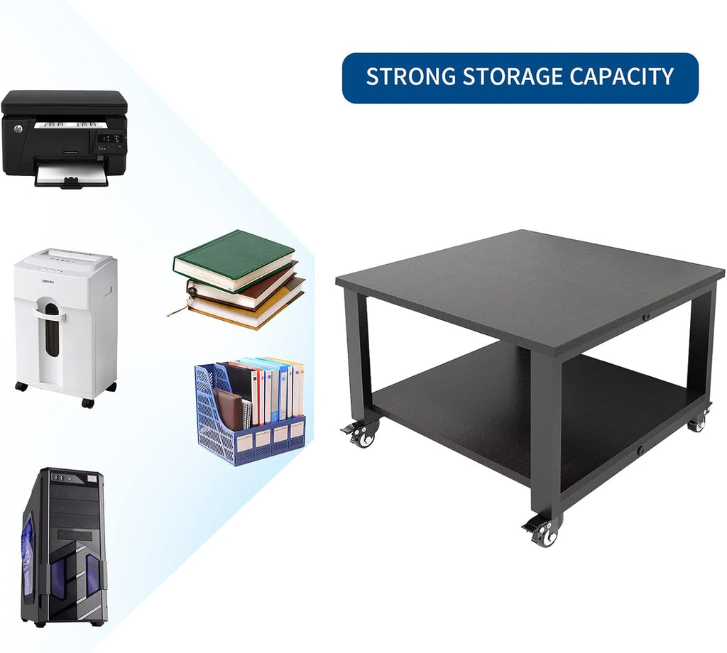 Natwind 2 Tiers Office Movable Laser Printer Copier Stand Cart Under Desk Heavy Duty Dark Brown Rolling Table with Storage Floor-Standing Holder on Wheels Fax Paper Organizer Shelf for Home (Black)