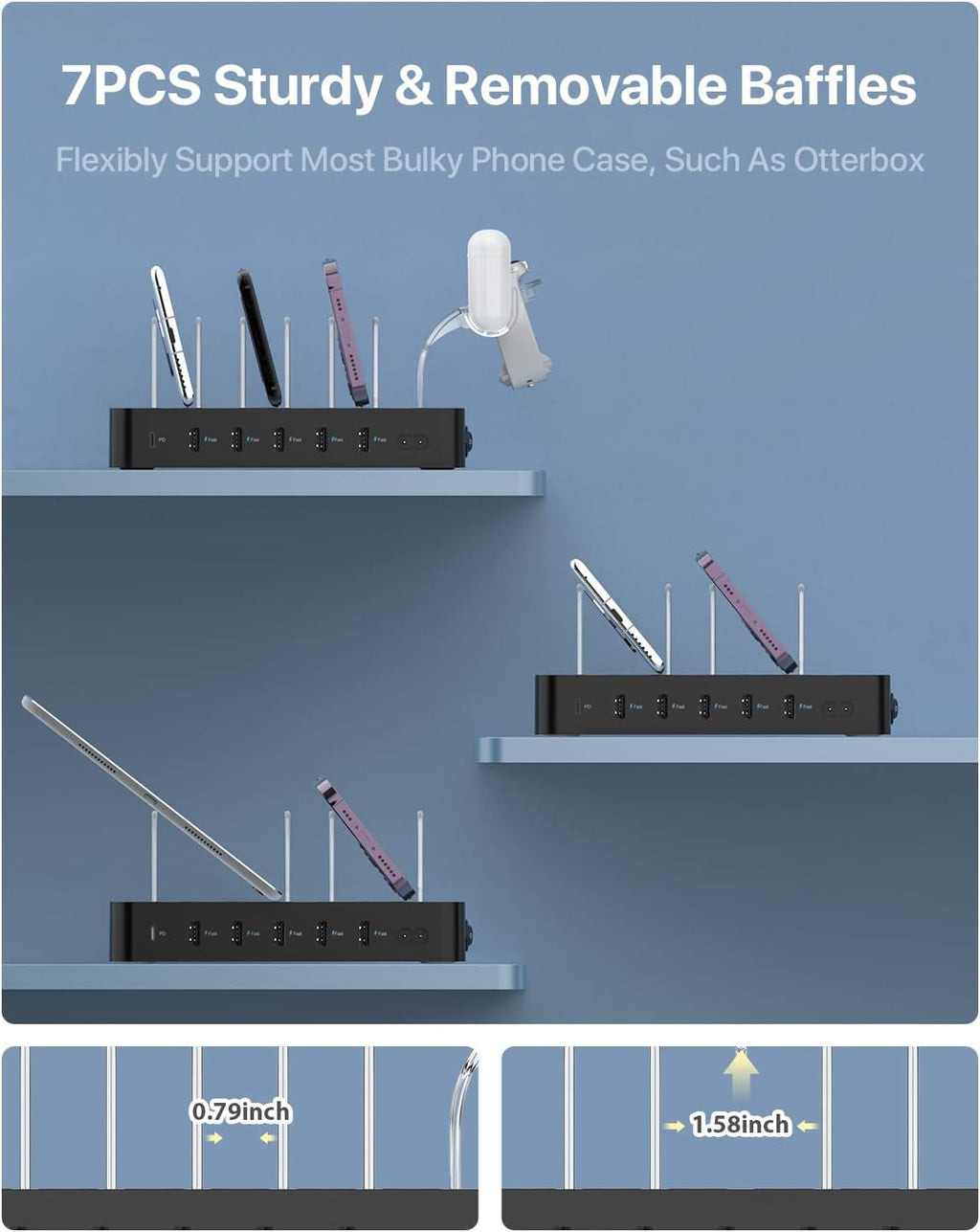 SooPii 6-Port PD Charging Station for Multiple Devices, 20W PD USB C Fast Charging for lPhone 14/13/12,6 Short Cables Included, 2 in 1 Holder,for Phones,Tablets and Others,Black