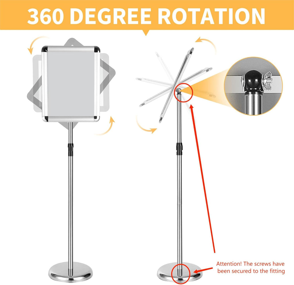 2 Pack Sign Holder Stand 8.5 x 11, With 3-Prong-Base & Round Base, Poster Stand Aluminum Snap Open Frame for A4 Size Outdoor Indoor Sign Stand, Height Adjustable-Silver