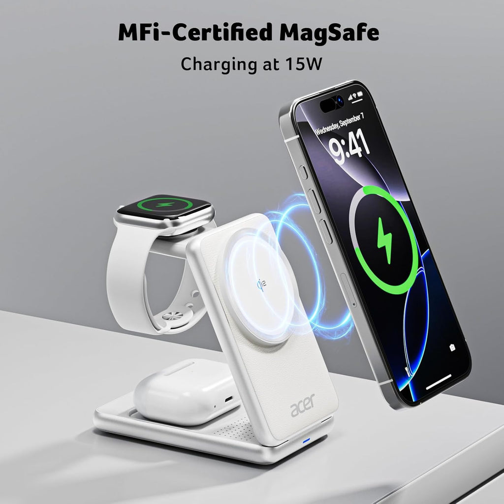 Acer Magnetic Wireless Charger, 3 in 1 Wireless Charging Station, 15W Fast MagSafe Charger for iPhone 16 15 14 13 12 Series -Apple Watch 10 9 8 7 6 5 4 3 2 SE and Ultra Series-Airpods 4 3 2 Pro Series