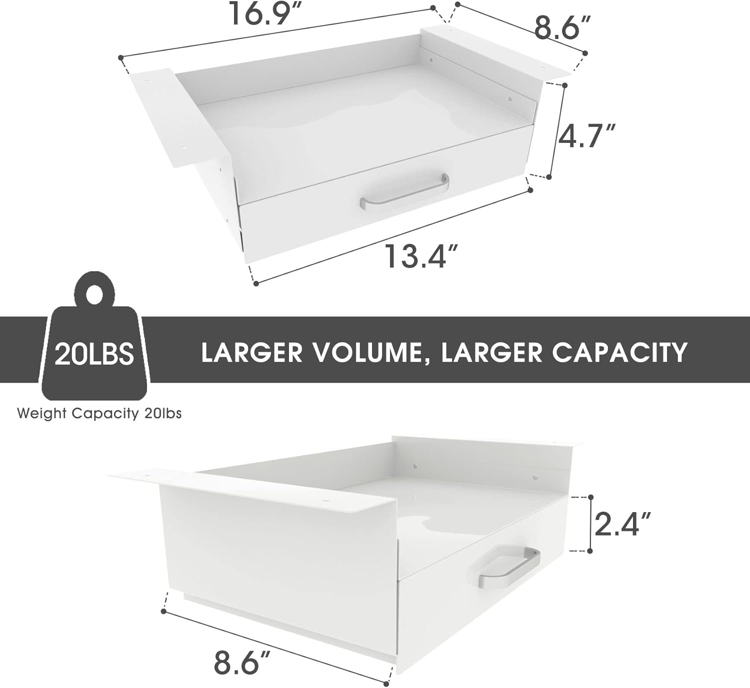 GOME White Under Desk Drawer Storage with Laptop/Book/Folders Shelf, Double Layer Easy Slide-Out Undermount Drawer Organizer with Ball Sliding Track for Home Office Sit-Stand Workstation