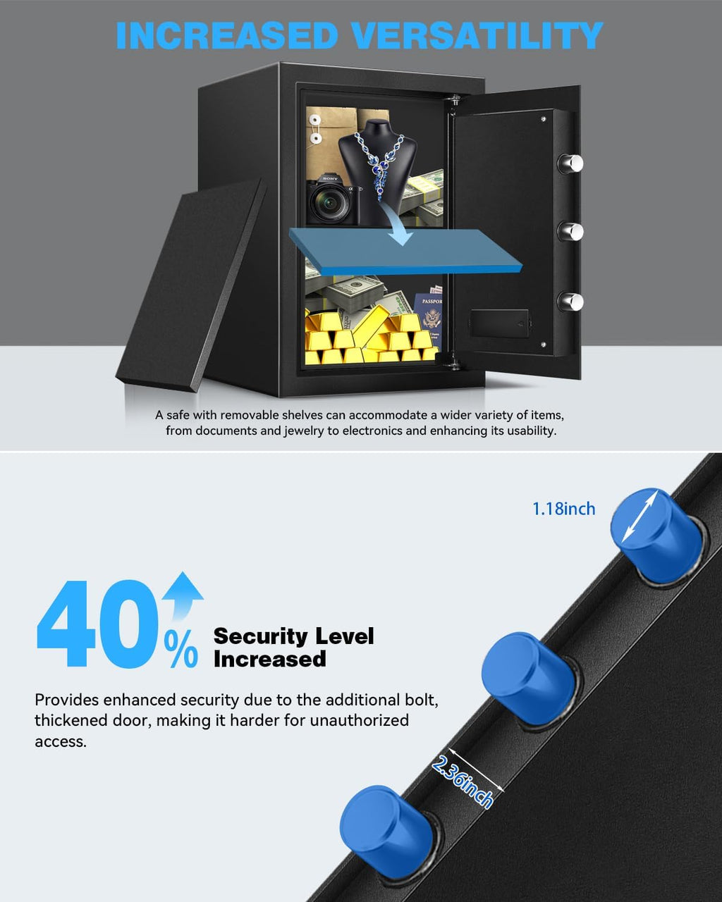 Large Safe Box for Home - 3.0 CuFt Heavy-Duty Cabinet with Motion Light & Dual Alarm, Digital Keypad & Override Key, Removable Shelf - Spacious Black Safe for Documents, Laptops, and More