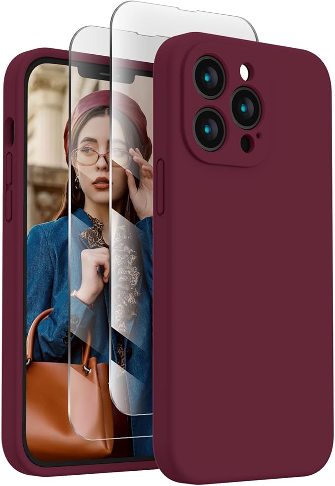 FireNova Designed for iPhone 13 Pro Max Case, Silicone [Camera Protection] Phone Case with [2 Screen Protectors], Soft Anti-Scratch Microfiber Lining Inside, 6.7 inch, Plum