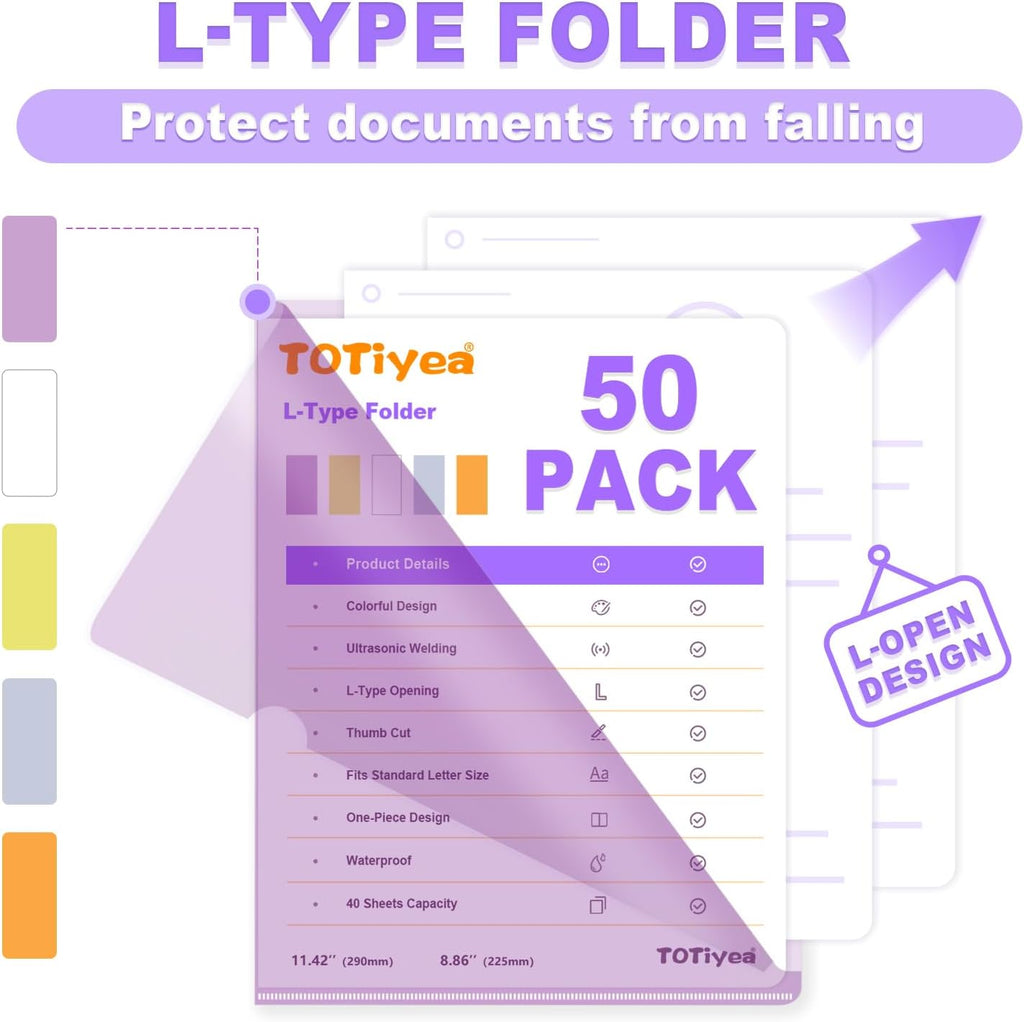 TOTiyea 50 Pack Clear Folder, Plastic L-Type Folders, Clear Colored Copy Safe Project Pocket, Fits Letter Size 8.5x11 Paper, Assorted Colors