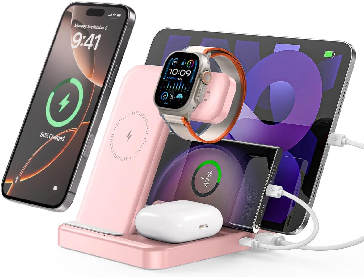 Intoval 5-in-1 Charging Station, for iPhones 17/17 Pro/17 Pro Max and Androids, iPad Pro/Air/Mini, Apple Watch 11/Ultra 3/Ultra 2/Ultra/10/9/8/7/SE, Wireless Charging Dock for Multiple Devices (Pink)