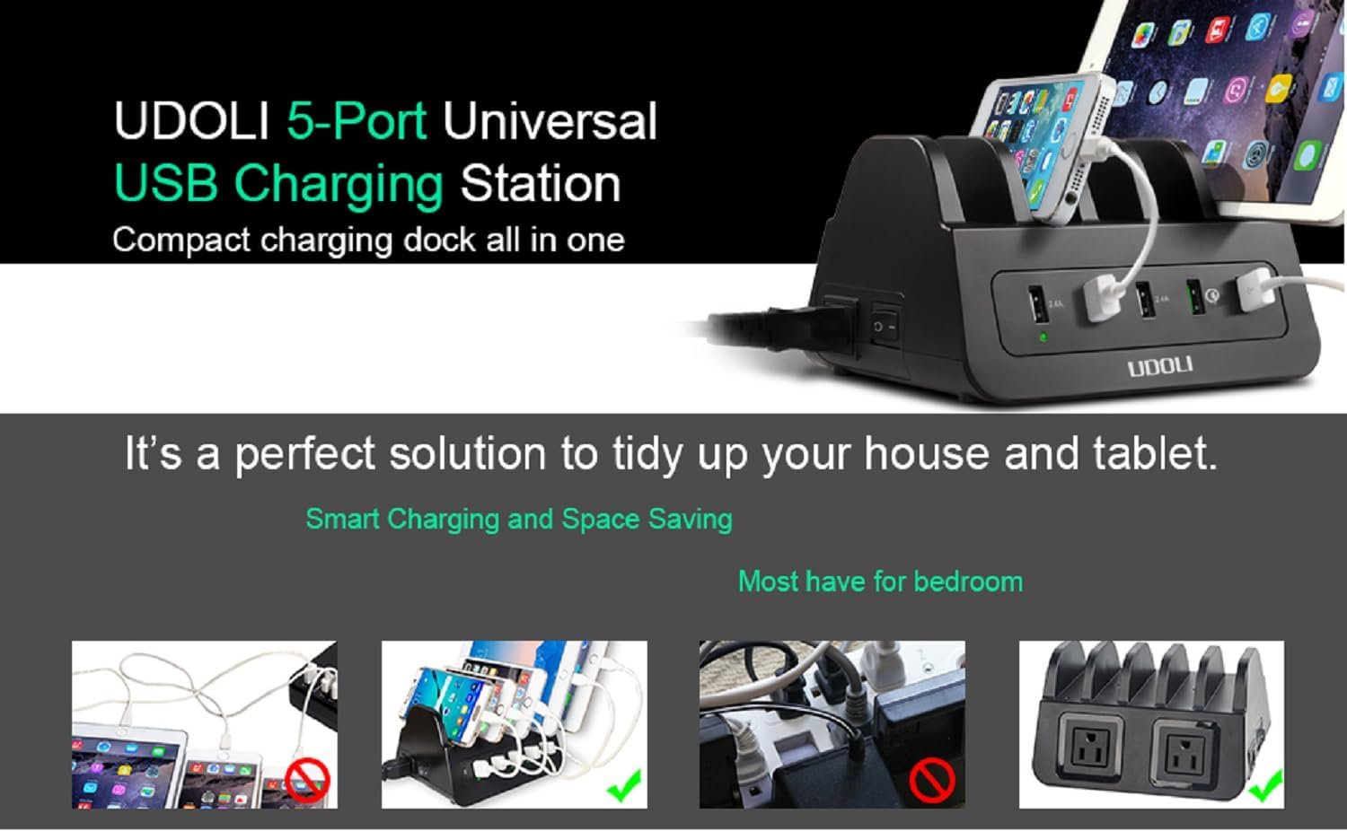 5 USB Ports Charging Station Organizer for Multiple Devices Fast Charging Desktop Stand for Apple Android Phone Tablet 1600W 2 AC Power Outlets Charger Dock for Home Office 3 Prong Cord Black