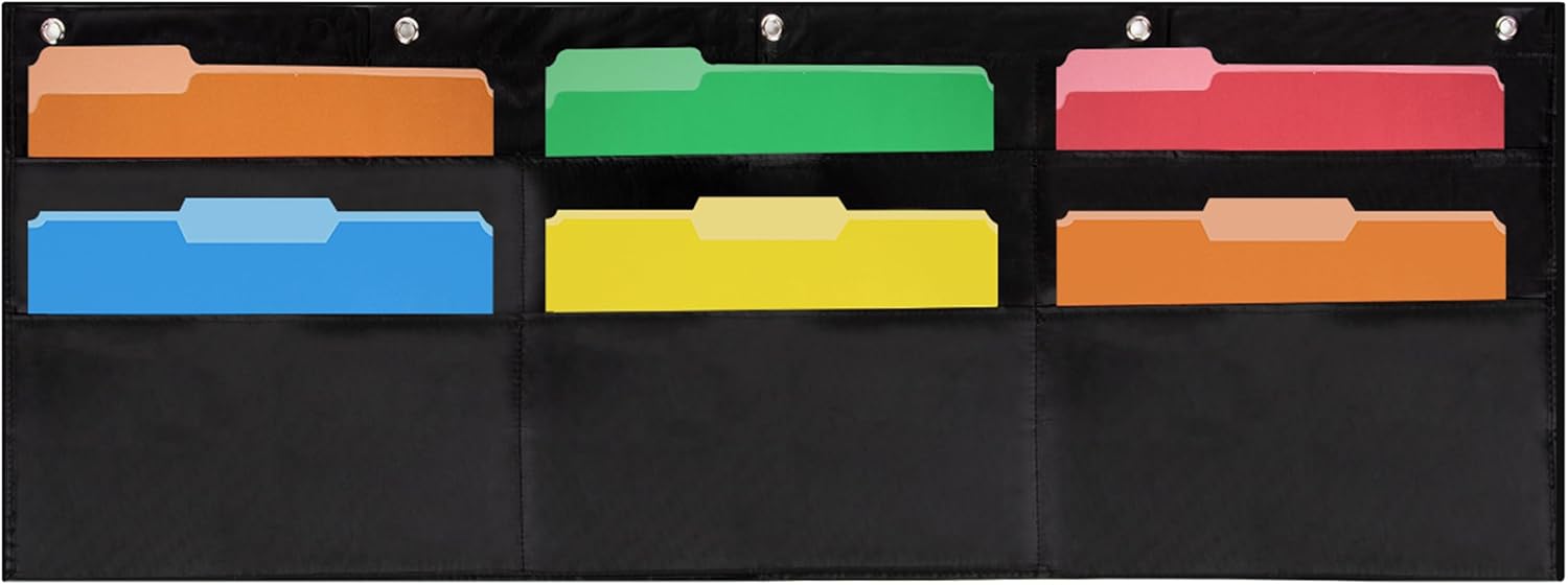 Essex Wares - 6 Pocket Horizontal File Hanging Paper Organizer for Letter Documents, Black, 42" Wide x 15.5" - Hanging Pocket File Organizer - Black Pocket Chart for Classroom & Office - 6 Pockets