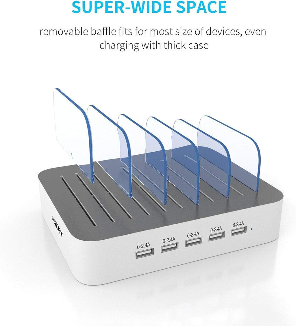 MSTJRY Charging Station for Multiple Devices : 5 Port Multi USB-A Charger Stations Multi-Device Organizer Charging Dock Designed for iPhone iPad Cell Phone Tablets (7 Short Cables Included)
