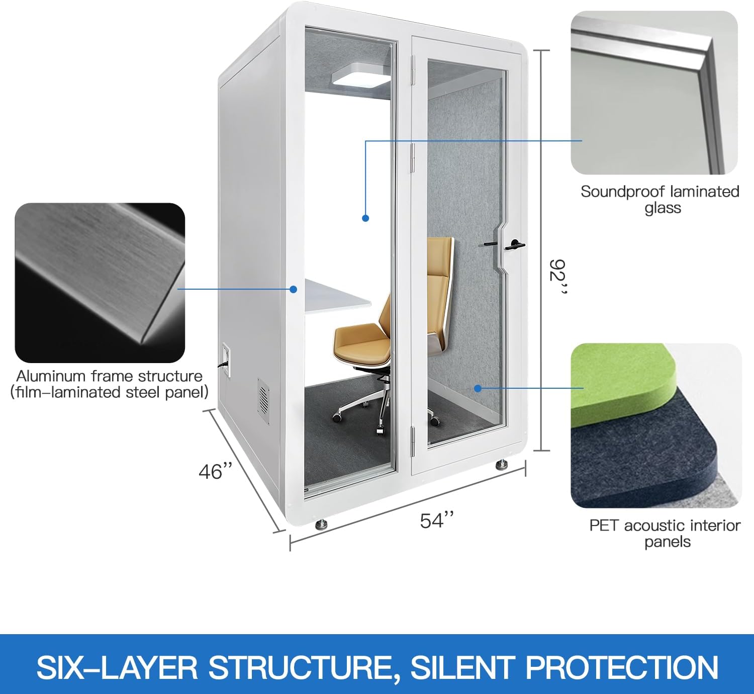 Soundproof Office Pod Booth, Quiet Meeting Pod with Acoustic Panels, Mobile Focus Room, Privacy Silent Booth for Private Phone Calling, 1-2 Person Workspace with Sound Isolation W55in D48in H92in