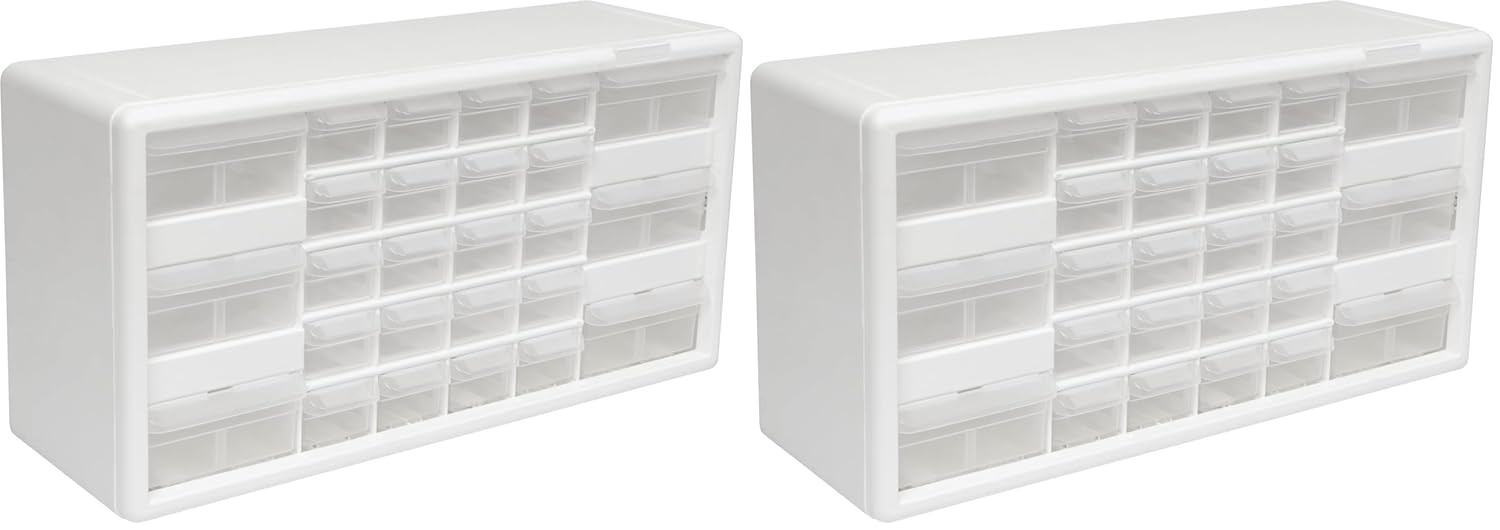 Akro-Mils 26-Drawer Plastic Drawer Storage Cabinet for Garage Organization, Bead Organizer, Building Bricks Storage, Teacher Toolbox, Makeup Organizer, 20-Inch W x 6-Inch D x 10-Inch H, 10124 White