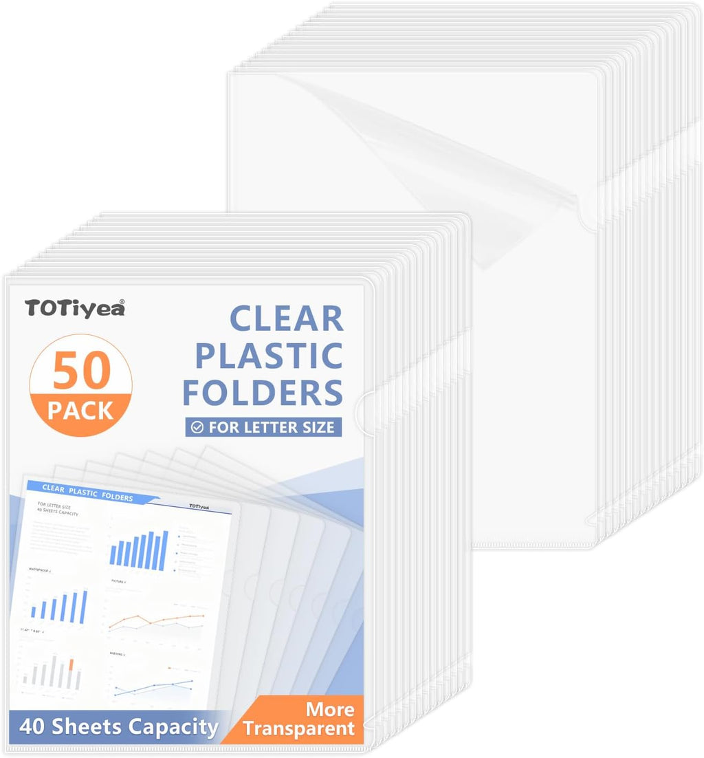 TOTiyea 50 Pack Clear Folder, Plastic L-Type Folders, Clear Copy Safe Project Pocket, Fits Letter Size 8.5x11 Paper, Transparent