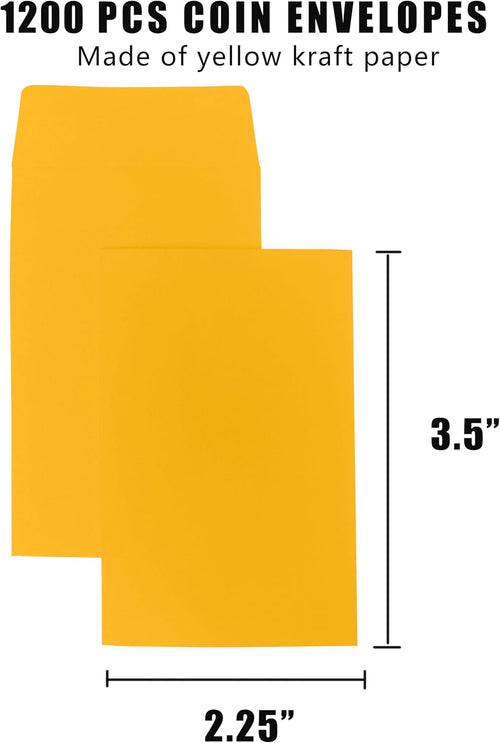 #1 1200 Pcs Small Coin Envelopes 2.25" x 3.5" with Gummed Flap, Yellow Kraft Mini Envelopes for Storing Keys, Stamps, Seeds, Tips and Small Items (1200)