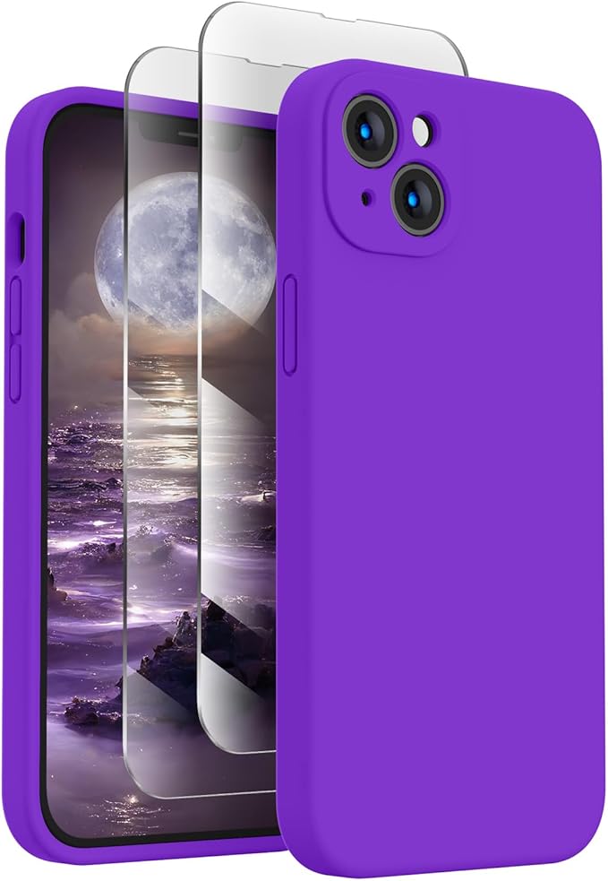 FireNova Designed for iPhone 13 Case, Silicone Upgraded [Camera Protection] Phone Case with [2 Screen Protectors], Soft Anti-Scratch Microfiber Lining Inside, 6.1 inch, Neon Purple