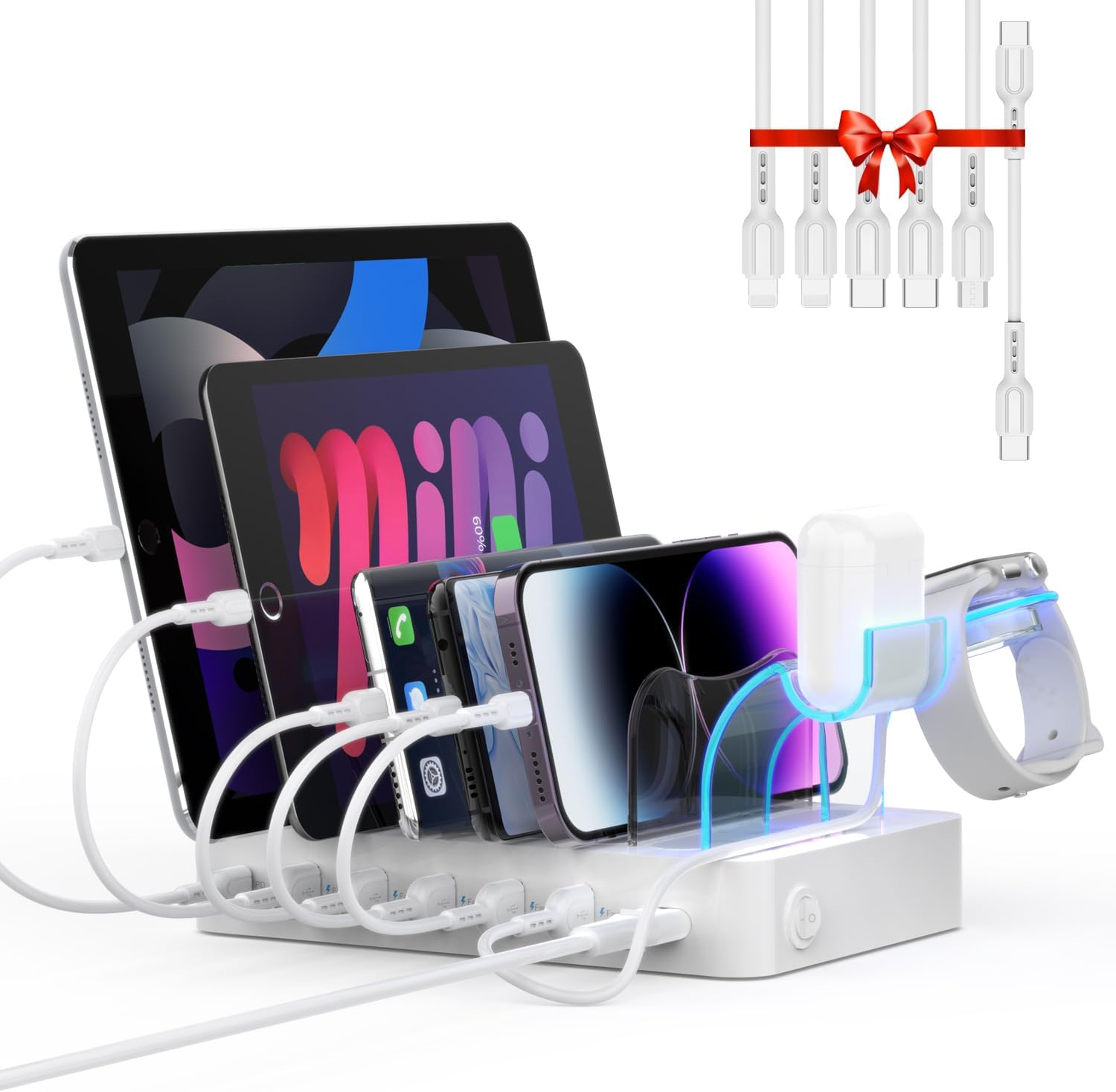 SooPii 60W 6-Port Charging Station for Multiple Devices, PD 20W USB C Fast Charging for lPhone 14/13/12,6 Short Cables Included, 2 in 1 Holder,for Phones,Tablets and Others,White