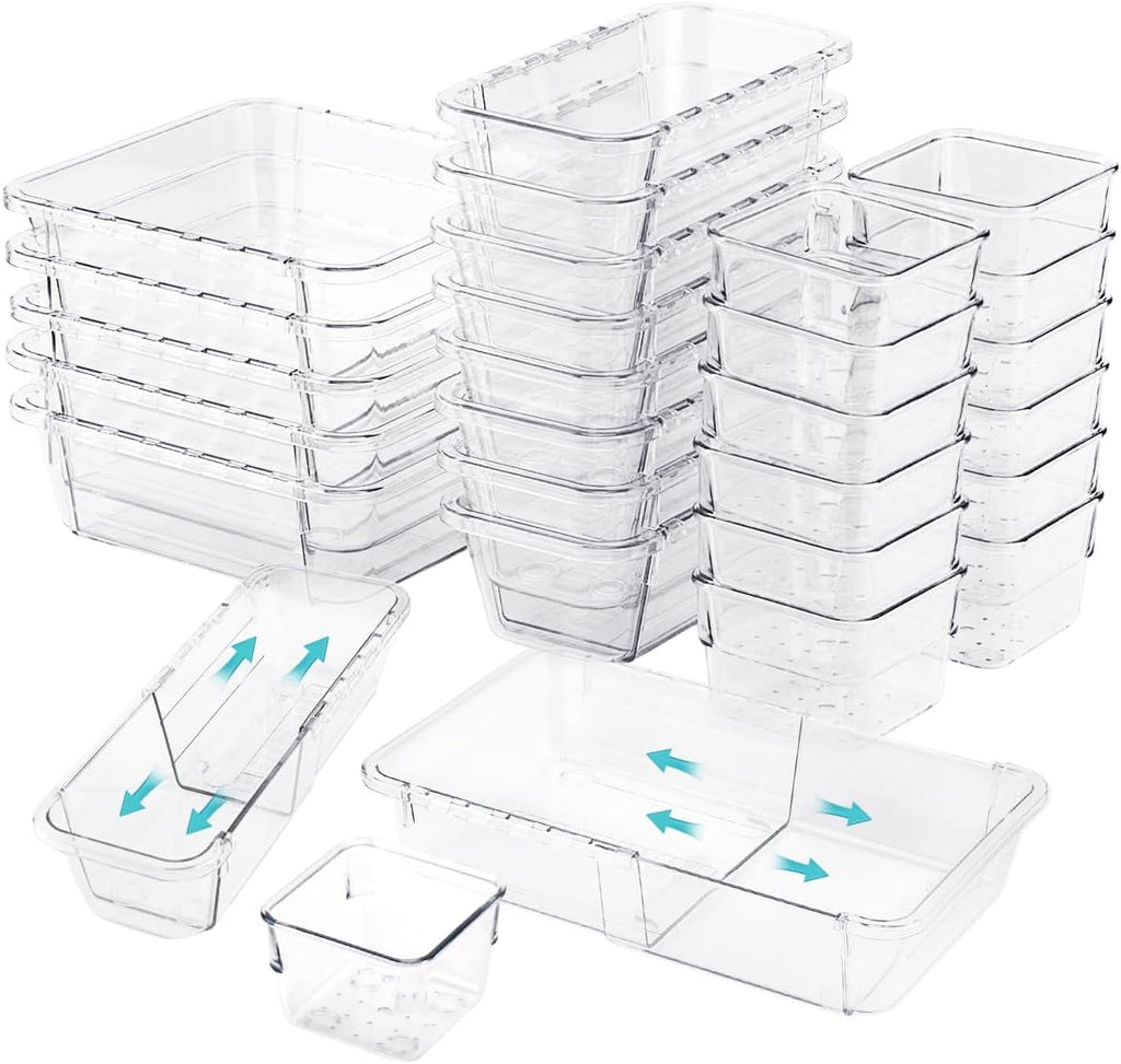 25 PCS Adjustable Desk Drawer Organizer, Acrylic Clear Drawer Organizers, 3 Size Desk Drawer Organizer for Cosmetics, Jewellery, Office, Gadgets, Kitchenware