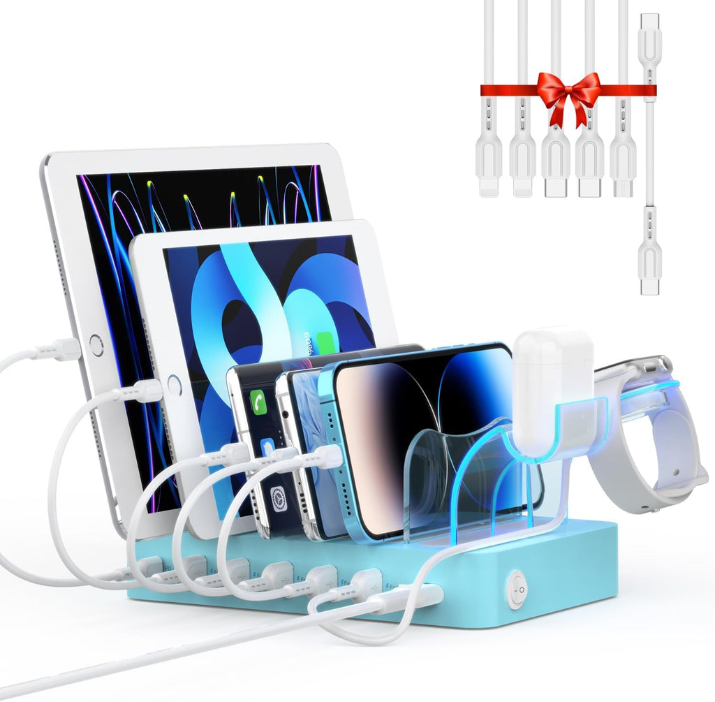 SooPii 60W 6-Port PD Charging Station for Multiple Devices, 20W PD USB C Fast Charging for lPhone 14/13/12,6 Short Cables Included, 2 in 1 Holder,for Phones,Tablets and Others…