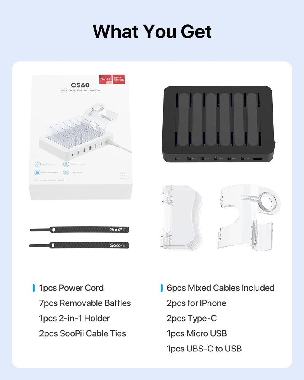 SooPii 6-Port PD Charging Station for Multiple Devices, 20W PD USB C Fast Charging for lPhone 14/13/12,6 Short Cables Included, 2 in 1 Holder,for Phones,Tablets and Others,Black