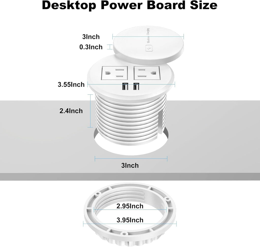 3 Inch Desk Hole Recessed Power Grommet with 15W Wireless Charger Cover, 2 USB-A Countertop Grommet Mount Power Outlet, with AC Outlets and 6ft Extension Cord
