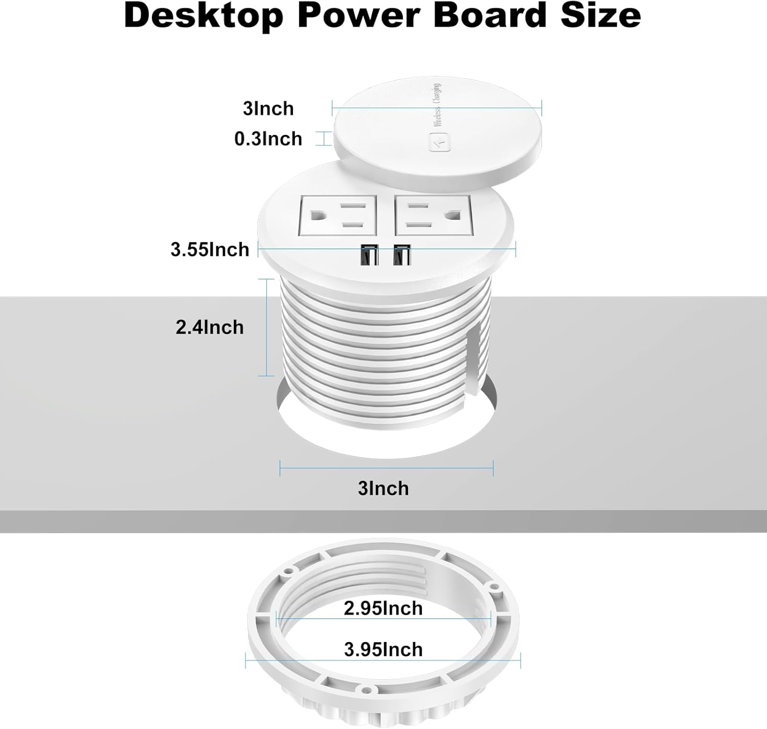 3 Inch Desk Hole Recessed Power Grommet with 15W Wireless Charger Cover, 2 USB-A Countertop Grommet Mount Power Outlet, with AC Outlets and 6ft Extension Cord