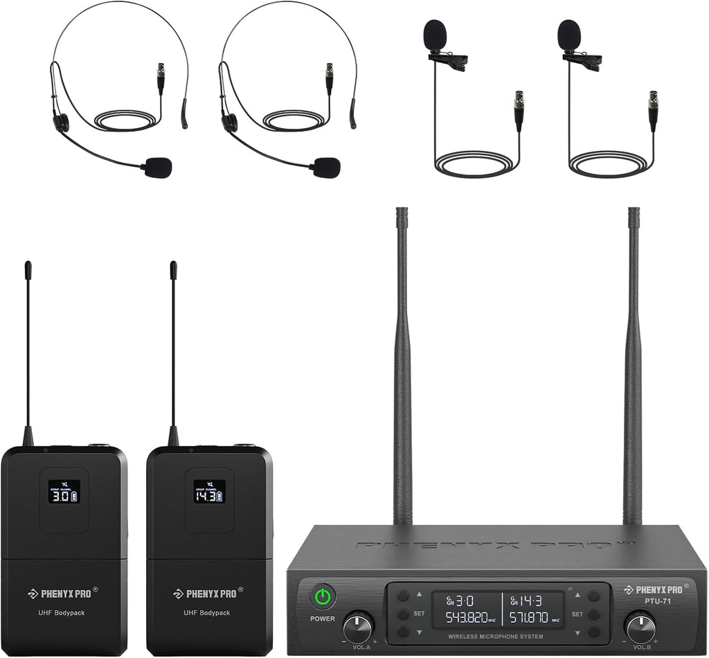 Phenyx Pro Dual UHF Wireless Microphone System，Auto-Scan Cordless Mic Set w/ 2x100 Frequencies, 2 Bodypacks & Headsets/Lapel Microphones for Speaking, Singing, Church, DJ (PTU-71-2B)