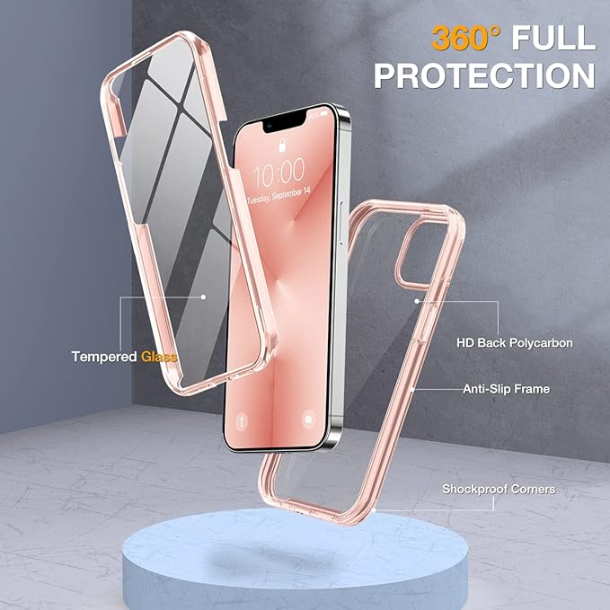 Miracase Glass Case for iPhone 13 Pro Max 6.7 inch, Upgrade Full-Body Clear Bumper Case with Built-in 9H Tempered Glass Screen Protector for iPhone 13 Pro Max, Clear Pink