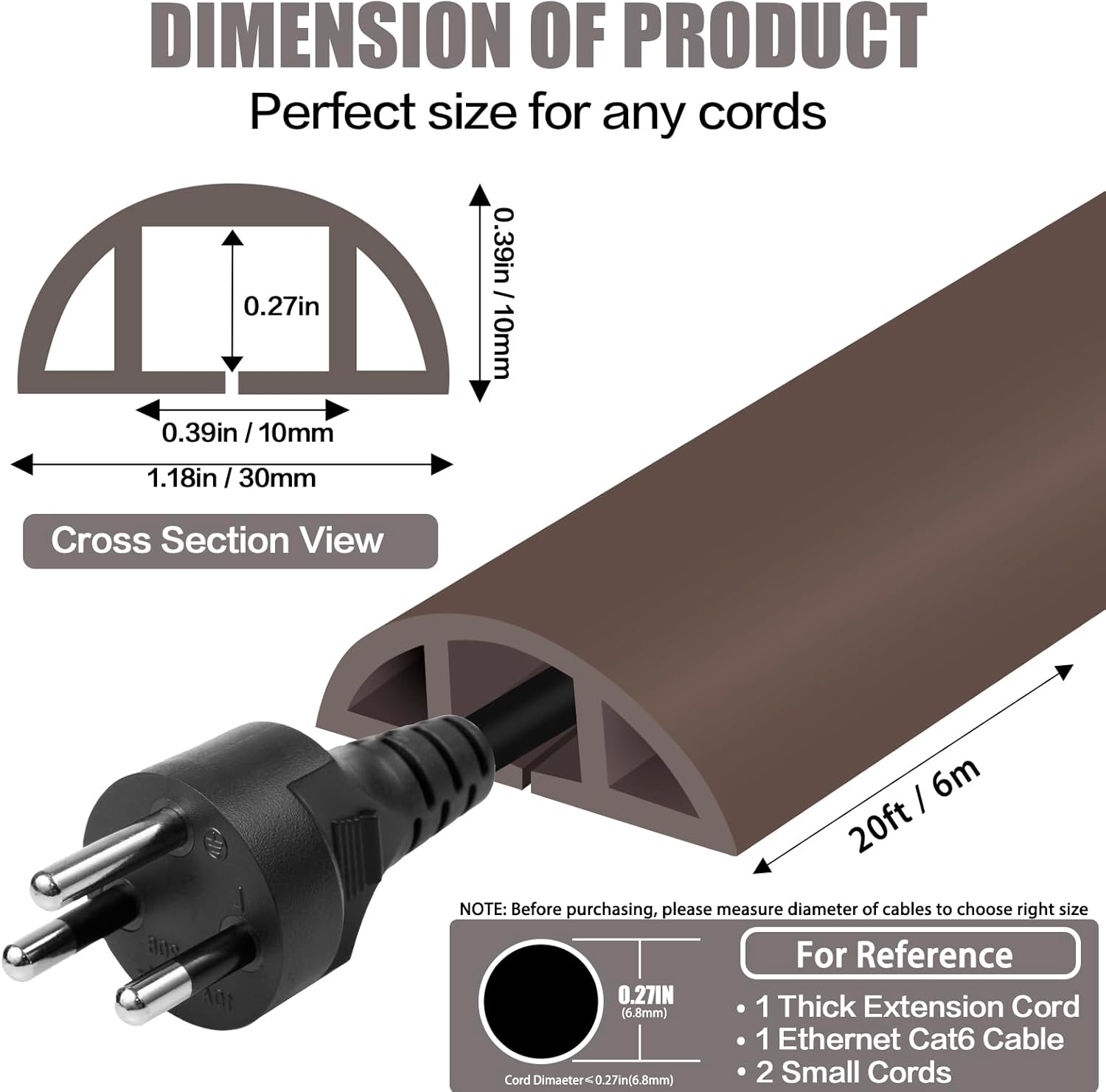 Floor Cord Cover Cable Cavity Self Adhesive Cord Hider Floor 10FT Floor Cable Management Power Cord Protector Floor Electric Cord Covers for Offices, Gym, Exhibitions (CoffeeBrown, 1.18" x 20')