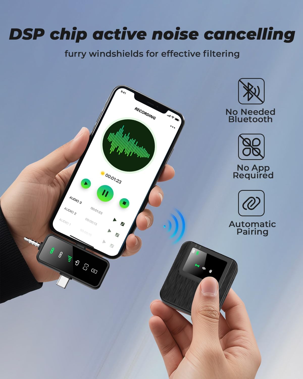 3-in-1 Mini Microphone for iPhone, Android, Camera - 328ft Long Range, 20H Battery Life, Wireless Microphones, Lapel Mic with AI Noise Reduction for Video Recording, YouTube, TikTok