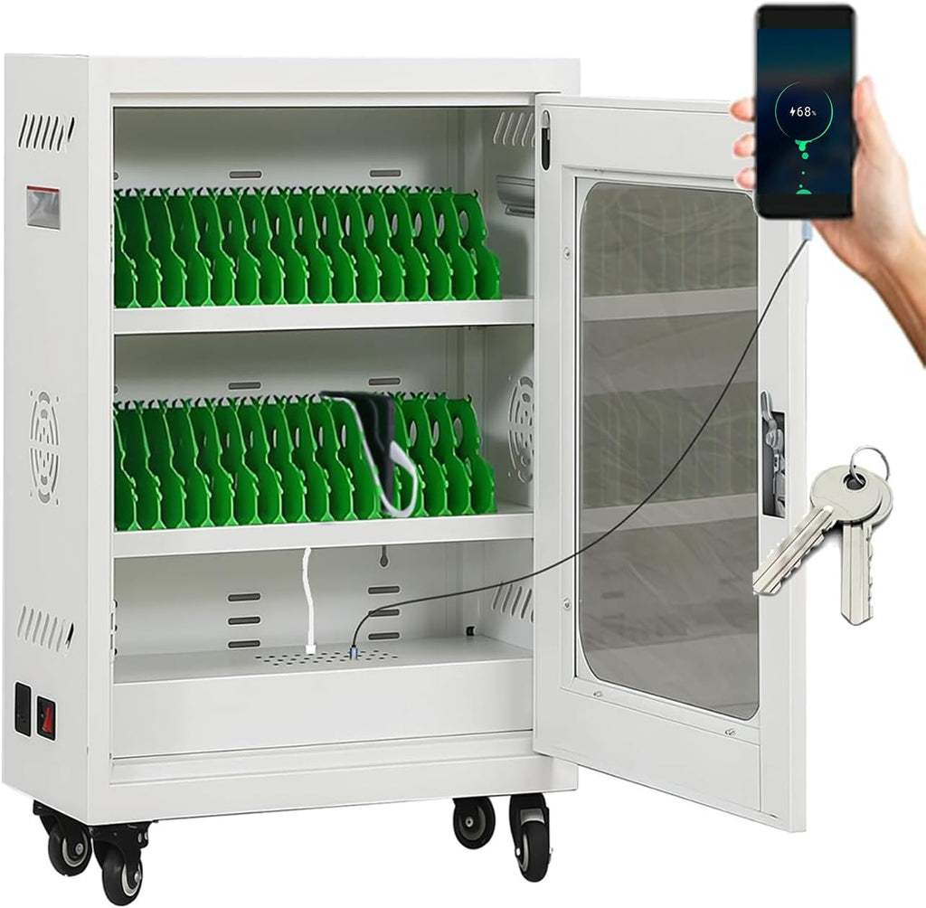 30 Device Cell Phone Charging Stations, Mobile Phone Charging Cabinet, Cellphone USB Charging Cart, Rechargeable Cellphone Locker Storage Charging Station (White, 30 Slots)