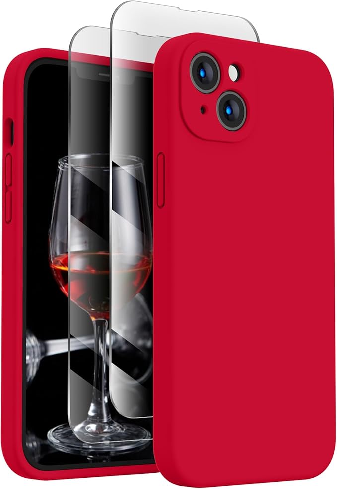 FireNova Designed for iPhone 13 Case, Silicone Upgraded [Camera Protection] Phone Case with [2 Screen Protectors], Soft Anti-Scratch Microfiber Lining Inside, 6.1 inch, Deep Red