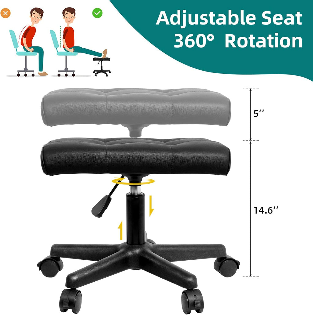 Real Leather Tall Foot Stool, Adjustable Leg Rest Ottoman Footrest with Wheels & Thick Padding, Ergonomic Footrest for Office & Gaming Chairs - Height 14.6-19.6 Inch, Lockable 360-Degree Casters