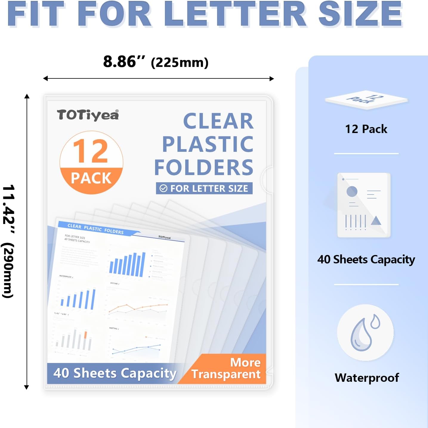 TOTiyea 12 Pack Clear Folder, Plastic L-Type Folders, Clear Copy Safe Project Pocket, Fits Letter Size 8.5x11 Paper, Transparent