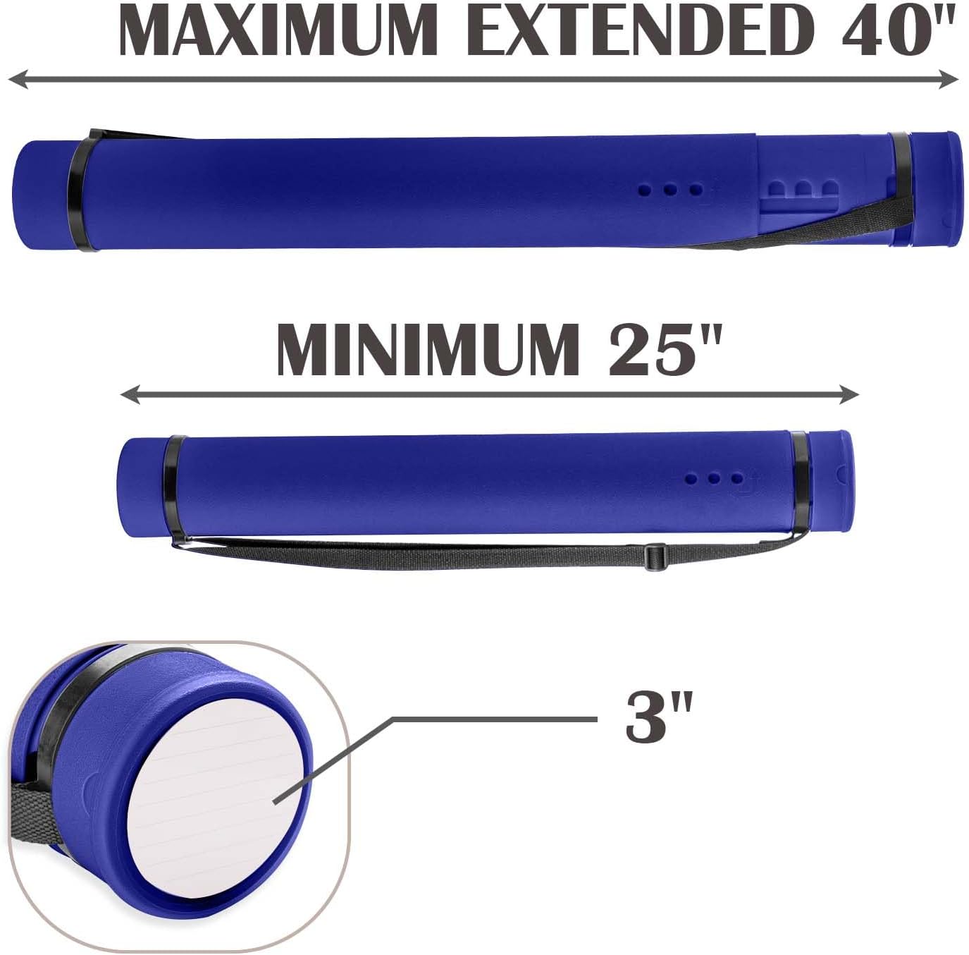 JJRING Blue Poster Tube, 25" to 40" Extendable Poster Storage Holder Tube with Carrying Strap, Poster Carrying Case for Blueprints, Scrolls, Maps and Architect Papers