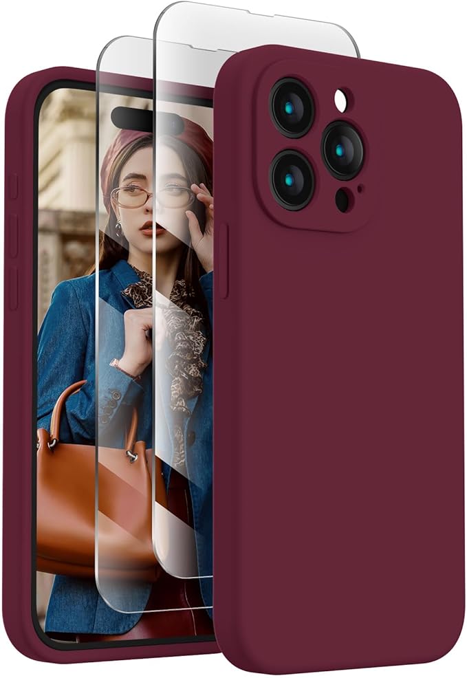 FireNova Designed for iPhone 15 Pro Max Case, Silicone Upgraded [Camera Protection] Phone Case with [2 Screen Protectors], Soft Anti-Scratch Microfiber Lining Inside, 6.7 inch, Plum