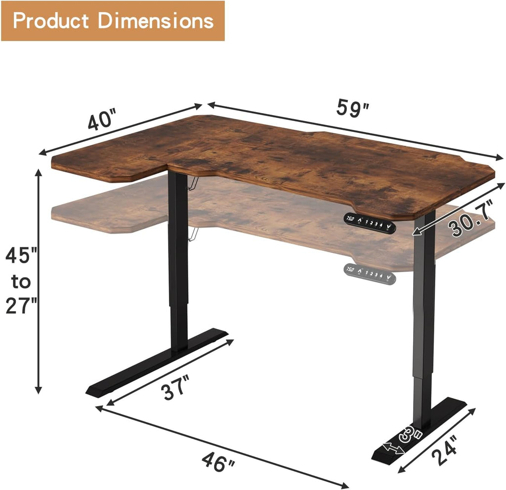 Electric Height Adjustable Standing Desk, 59 L-Shaped Sit - Stand Desk for Work or Home Office Push Button Memory Settings Brown Splice Board/Black Frame