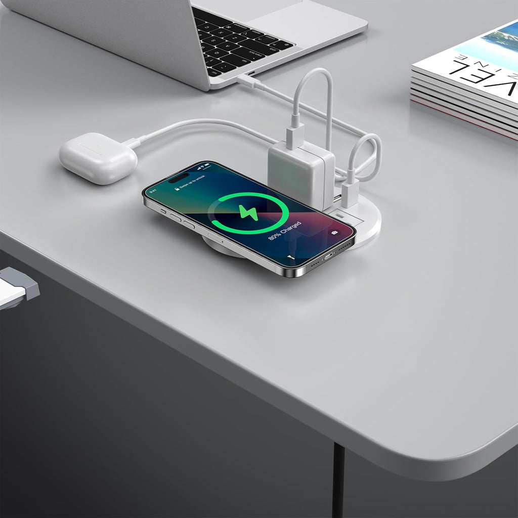 3 Inch Desk Hole Recessed Power Grommet with 15W Wireless Charger Cover, 2 USB-A Countertop Grommet Mount Power Outlet, with AC Outlets and 6ft Extension Cord
