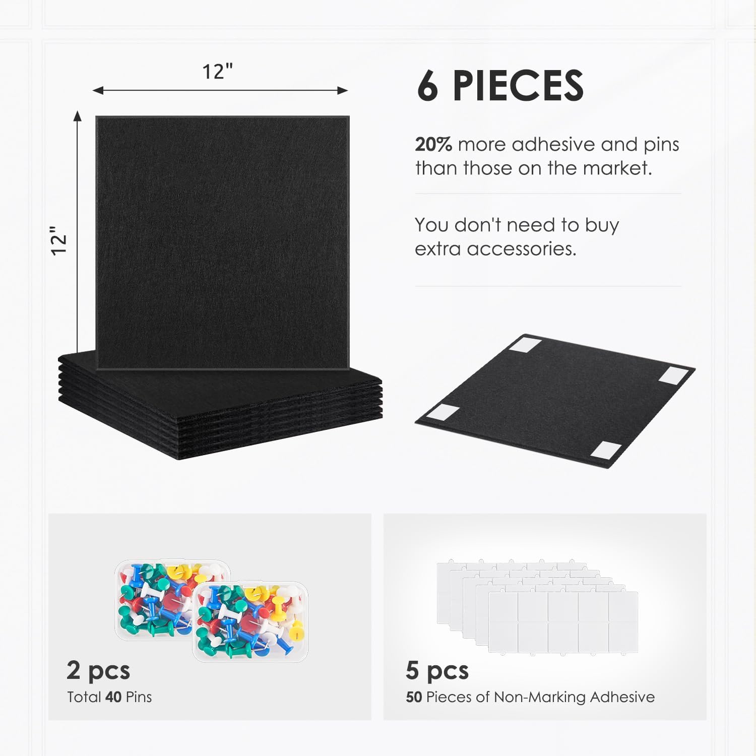 Cork Board for Wall,36"x24" 6 Pack Felt Wall Tiles with Safe Removable Adhesive Tabs,Bulletin Board for Home Office Kitchen,Pin Board Notice Board for Photos Memos,Black