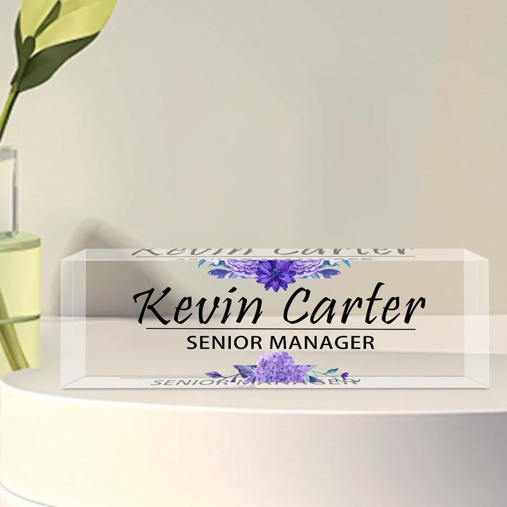Name Plate for Desk Personalized, Acrylic Desk Decorations, Employee Appreciation Gifts, Custom Office Gifts for Coworkers, Boss, Teacher, Nurse (Purple Flowers)